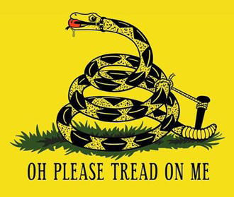 Alt-right meme depicting a
‘cuckservative’ Gadsden flag: the rattlesnake
is tied to a post, wearing a ball gag