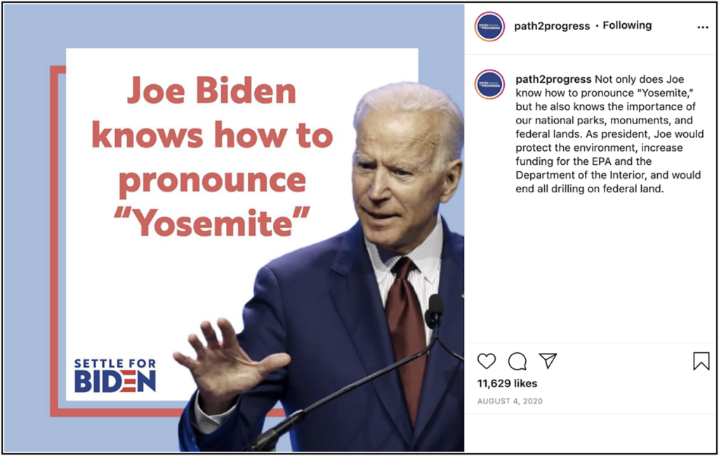 Image from Settle for Biden posted on Instagram by the Path2Progress Instagram account. He's standing with his hand out. Caption says "Joe Biden knows how to pronounce 'Yosemite'