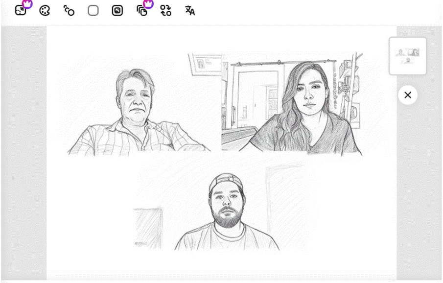 Example of the sketch effect in Adobe Premiere Express. Three individuals in the image look like pencil drawings.
